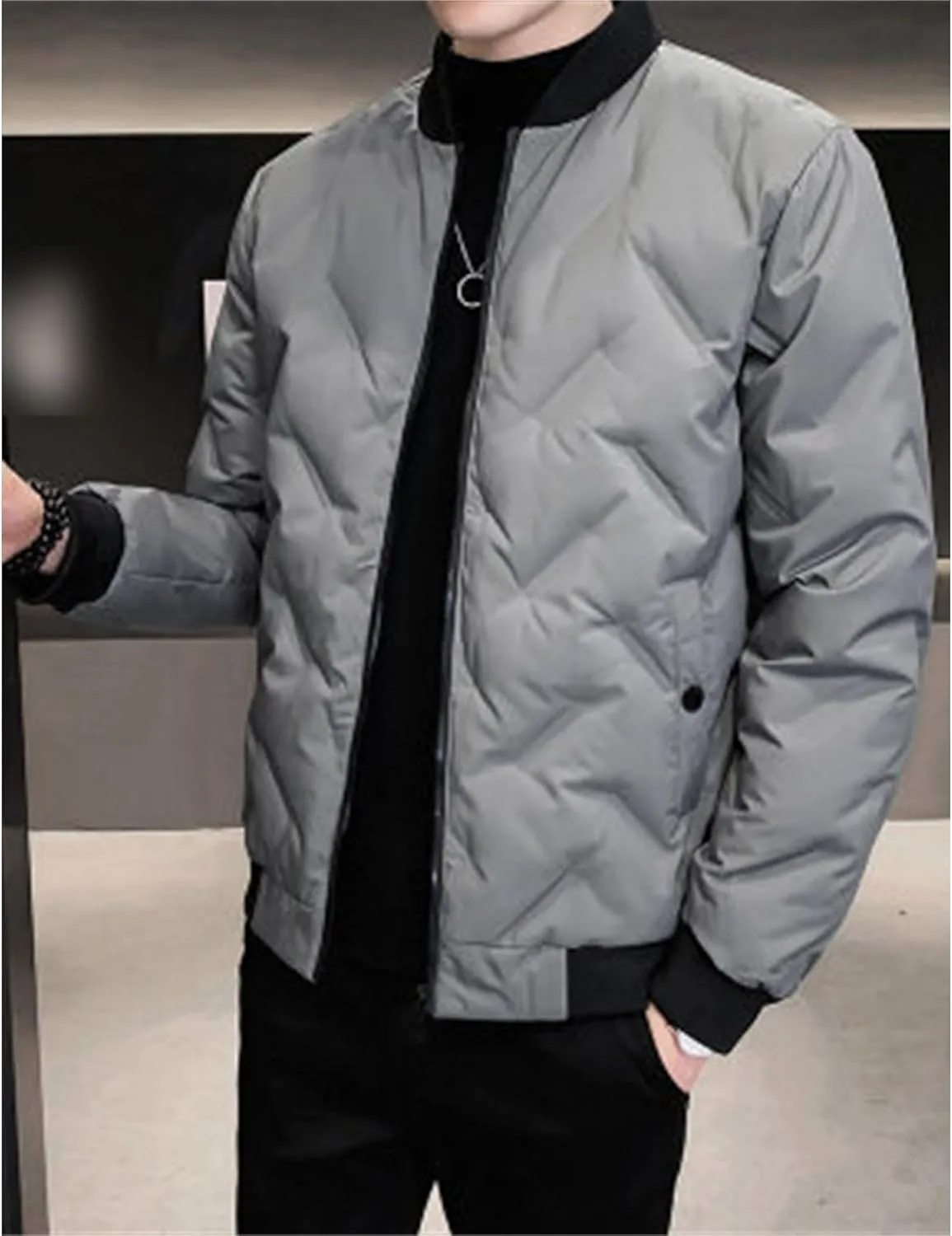 Mens Puffer Quilted Jacket Lightweight Casual Baseball Bomber Jackets Thermal Sportwear Cropped Down Coats