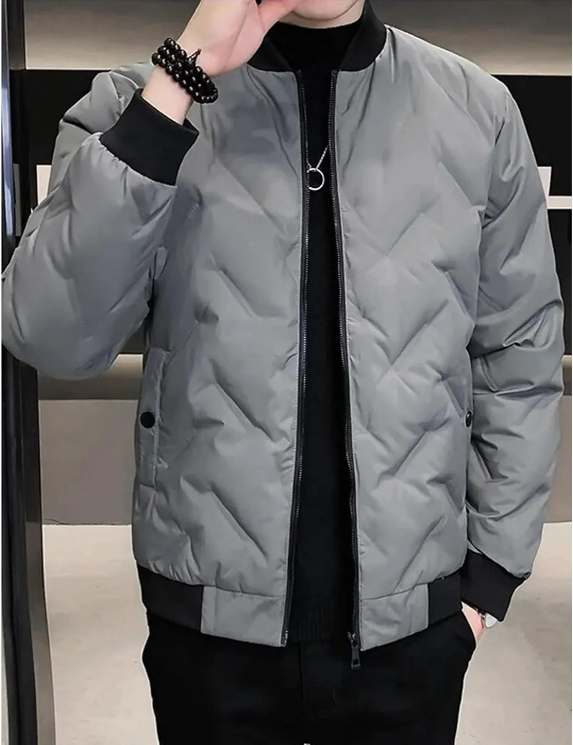 Mens Puffer Quilted Jacket Lightweight Casual Baseball Bomber Jackets Thermal Sportwear Cropped Down Coats