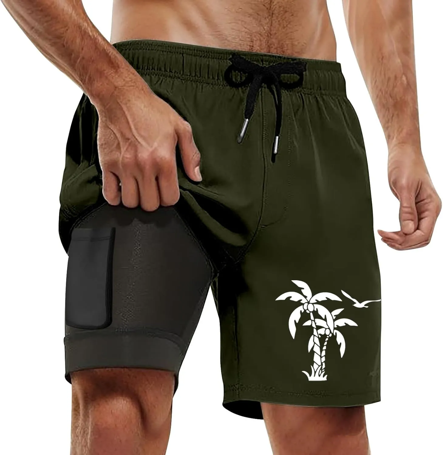 Mens Swim Trunks Compression Liner Swim Shorts Swimwear Quick Dry Swimsuit Bathing Suits Board Shorts with Pockets