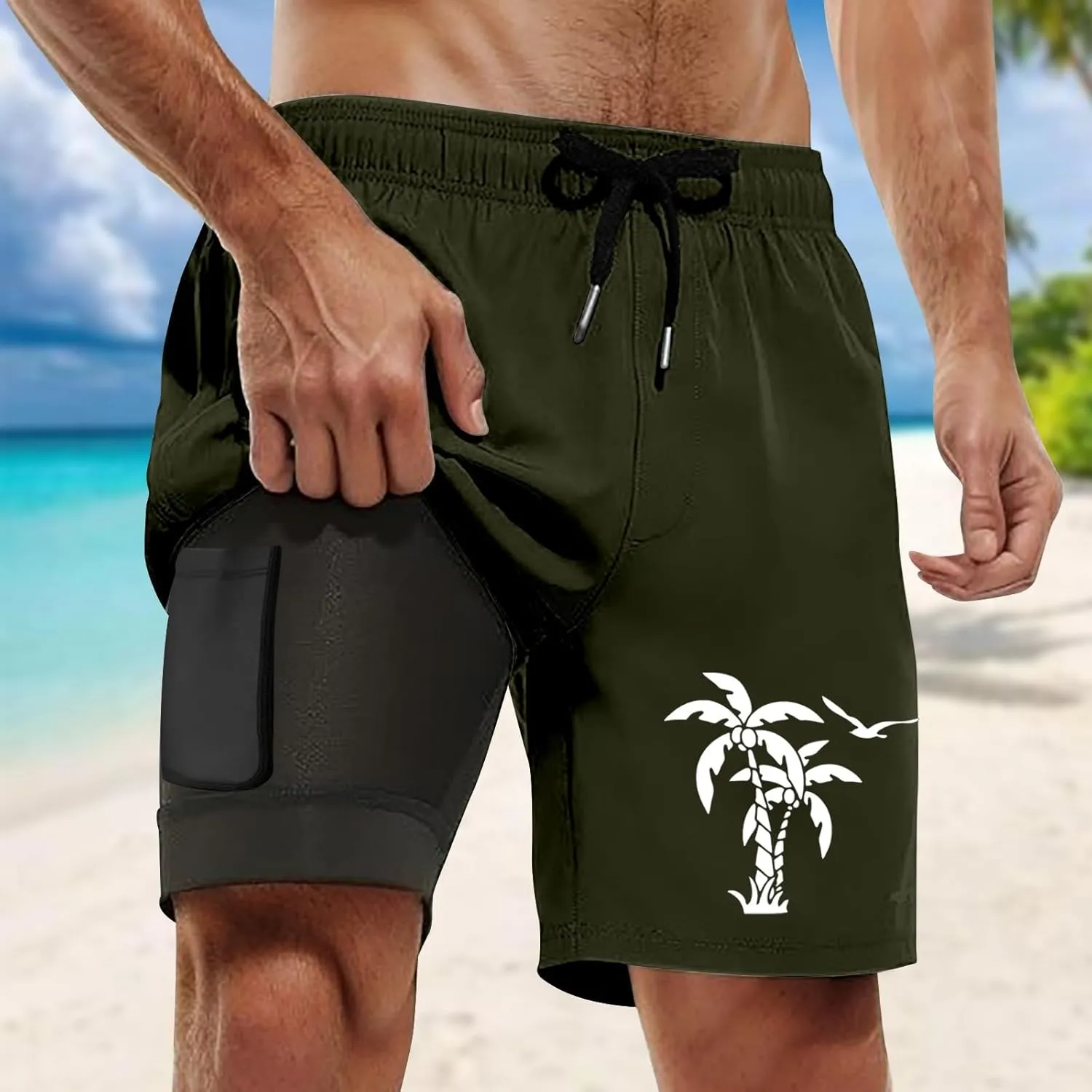 Mens Swim Trunks Compression Liner Swim Shorts Swimwear Quick Dry Swimsuit Bathing Suits Board Shorts with Pockets