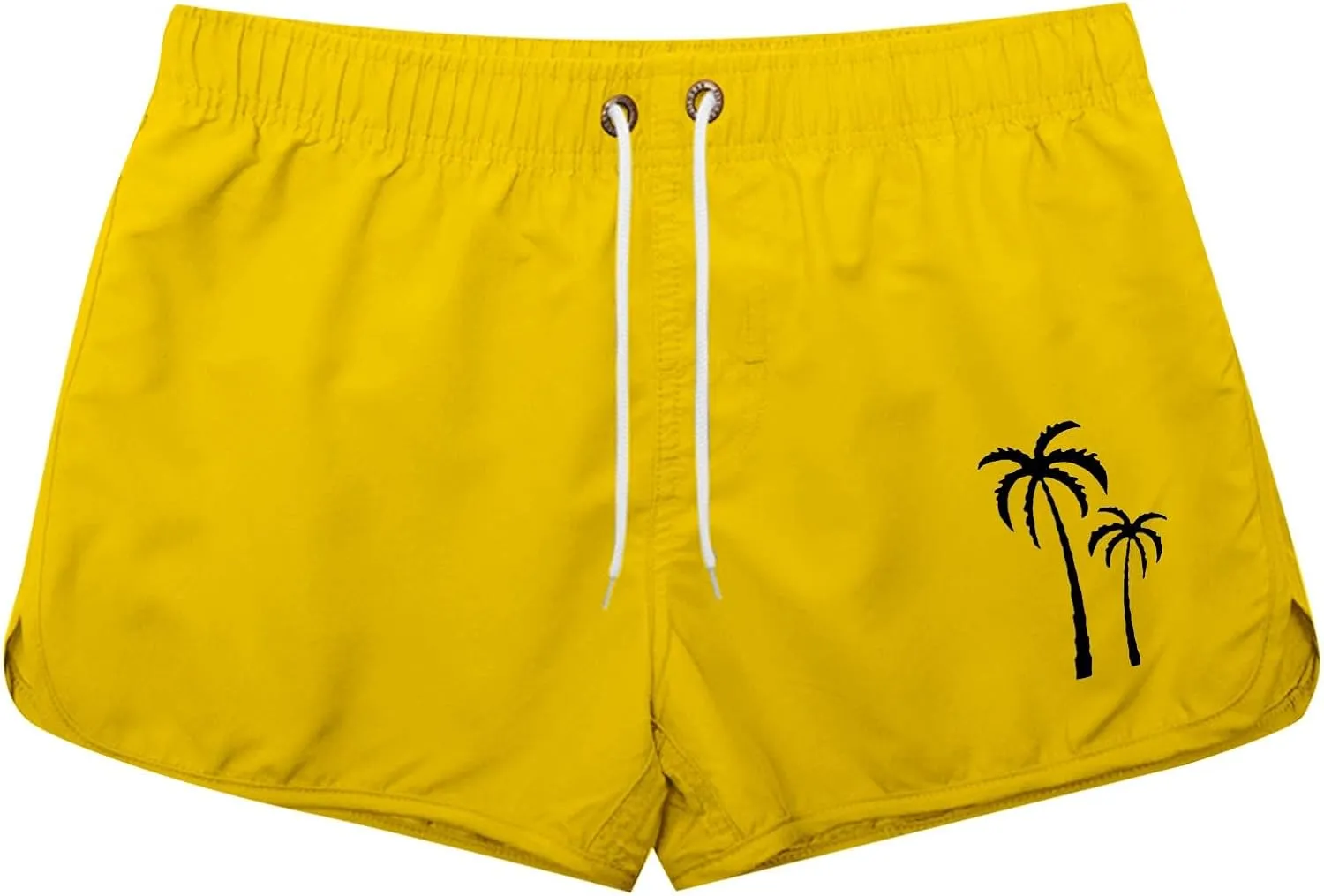 Mens Swim Trunks with Compression Liner Palm Tree Print Stretch Board Shorts 2 in 1 Quick Dry Swimwear Bathing Suits