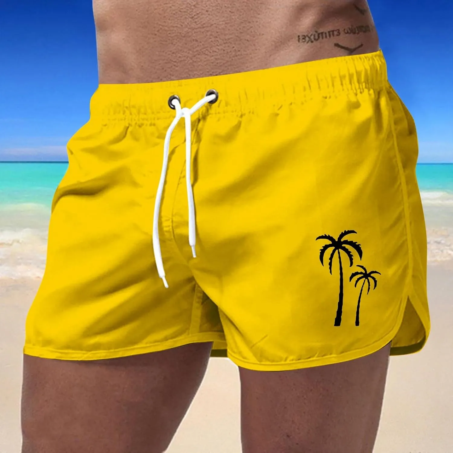 Mens Swim Trunks with Compression Liner Palm Tree Print Stretch Board Shorts 2 in 1 Quick Dry Swimwear Bathing Suits