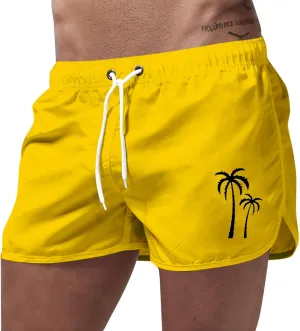Mens Swim Trunks with Compression Liner Palm Tree Print Stretch Board Shorts 2 in 1 Quick Dry Swimwear Bathing Suits