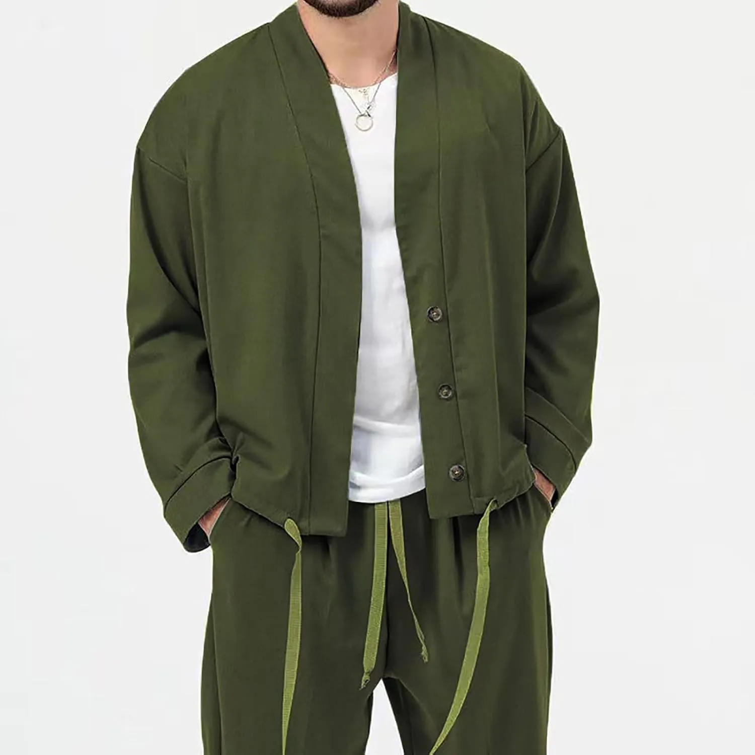 Mens Two Piece Outfits Sets Fall Buttoned Drawstring Open Front Cardigan and Casual Long Pants Loose Fit Jackets
