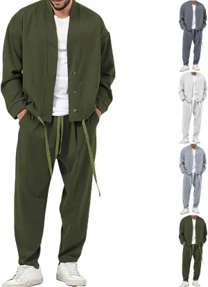 Mens Two Piece Outfits Sets Fall Buttoned Drawstring Open Front Cardigan and Casual Long Pants Loose Fit Jackets