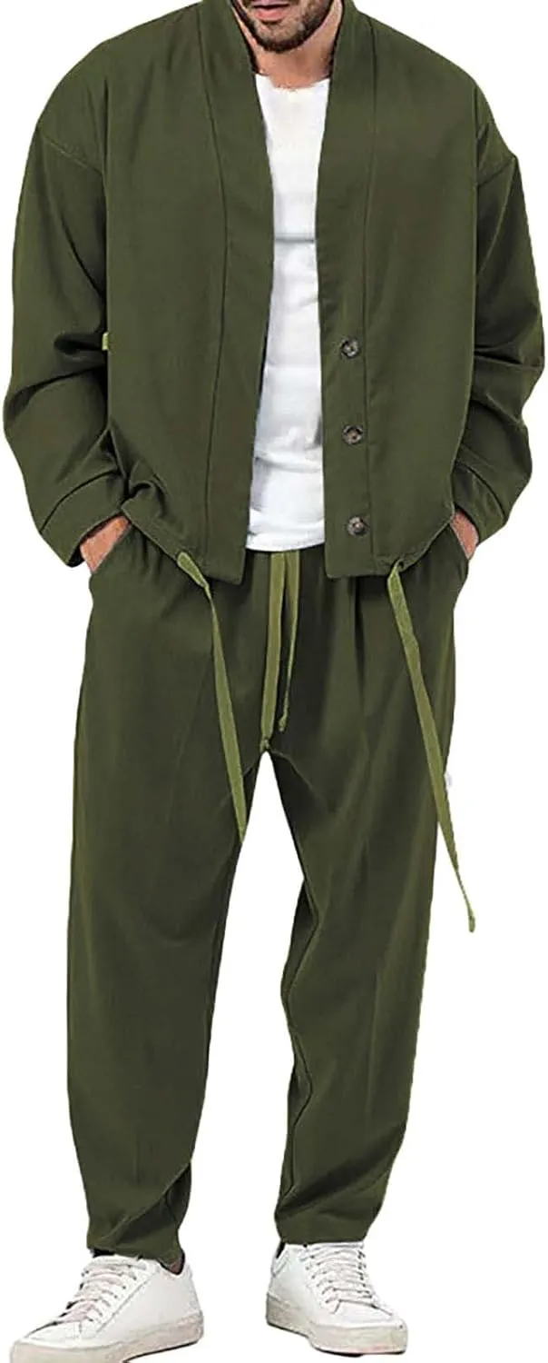 Mens Two Piece Outfits Sets Fall Buttoned Drawstring Open Front Cardigan and Casual Long Pants Loose Fit Jackets