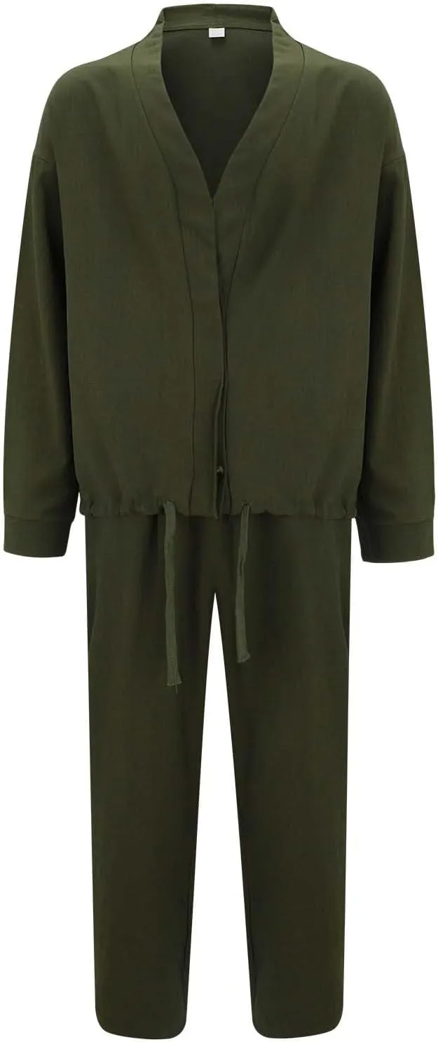 Mens Two Piece Outfits Sets Fall Buttoned Drawstring Open Front Cardigan and Casual Long Pants Loose Fit Jackets