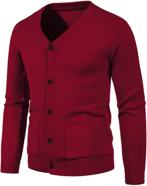 Men's V Neck Knit Cardigan Solid Color Sweater Casual Lightweight Button Down Knitted Sweater Tops