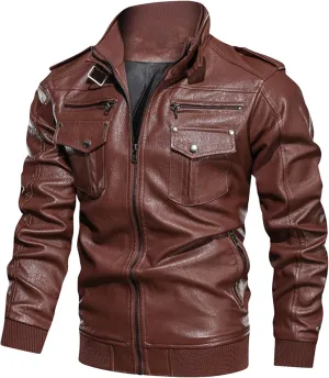 Men's Vintage Sport Motorcycle Leather Jacket Stand Collar Spring Fall Biker Coat Wash Sportwear Bomber Outwear