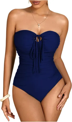Milumia Women Strapless Bathing Suits Ruched Halter Bandeau One Piece Swimsuit