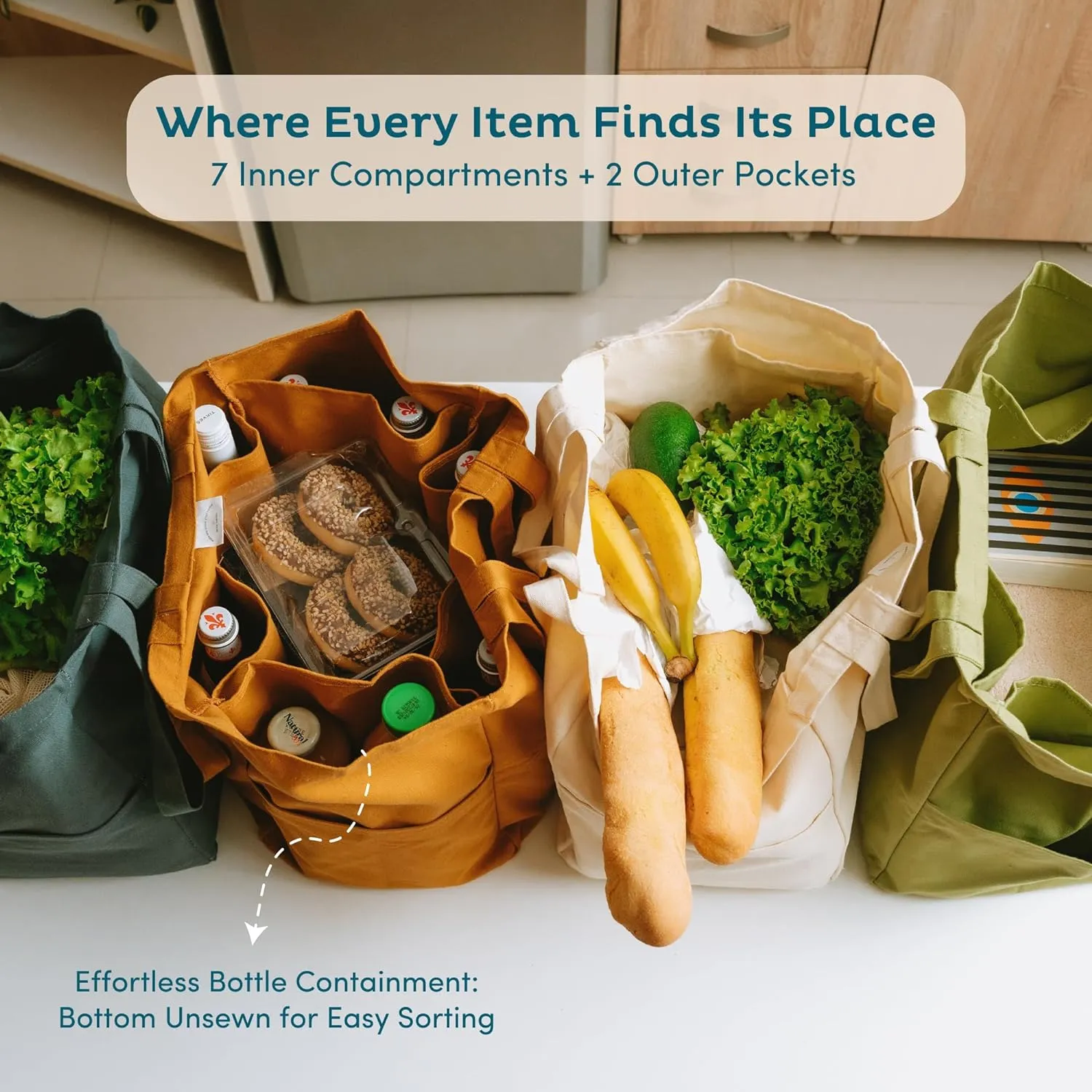 Nook Theory 3 Pcs Reusable Grocery Bags - Heavy Duty Canvas Bags, Large Reusable Shopping Bag, Picnic, 100% Cotton (Ocean)
