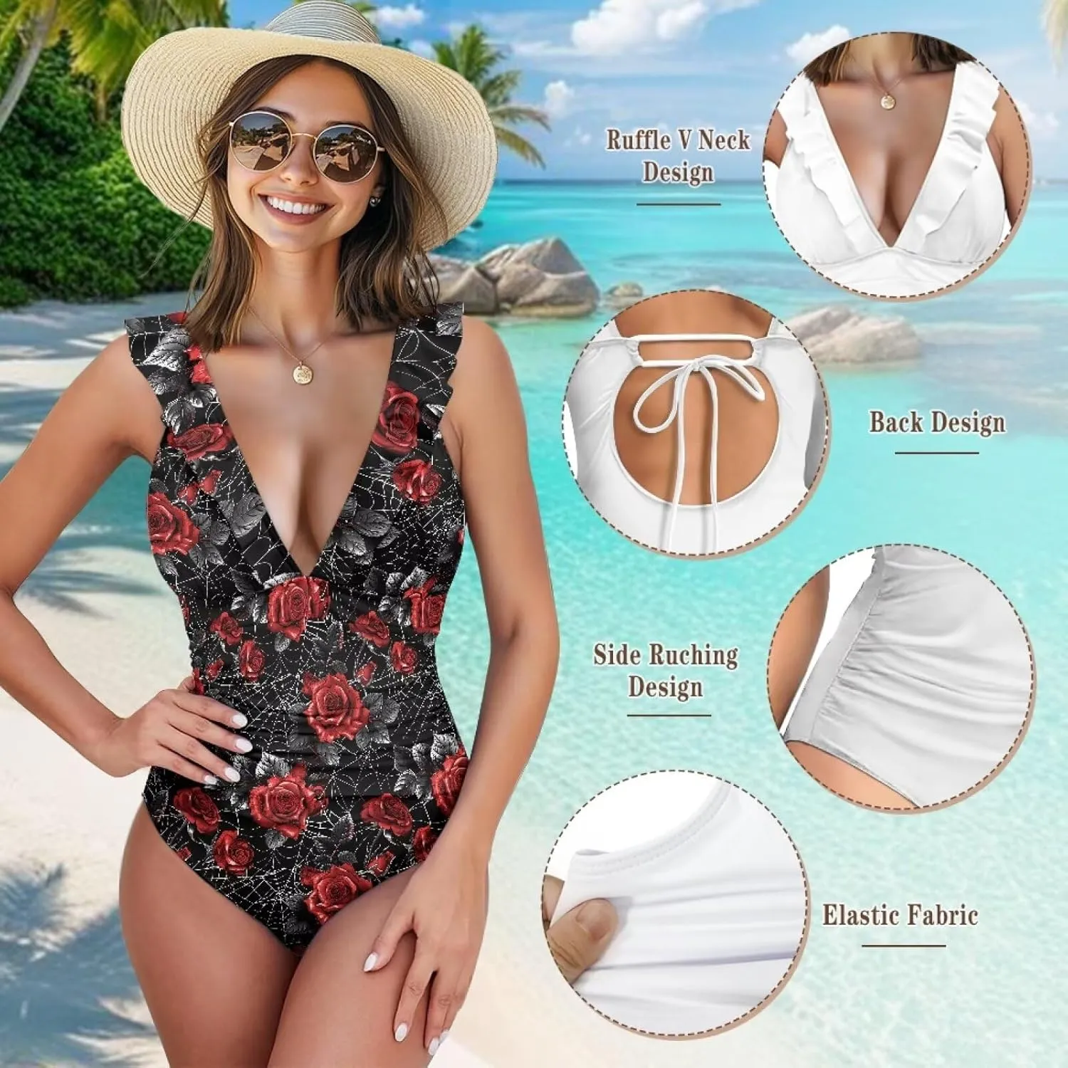 One Piece Bathing Suit for Older Women Tummy Control Ruffled V Neck Swimsuits for Women Flower Butterfly