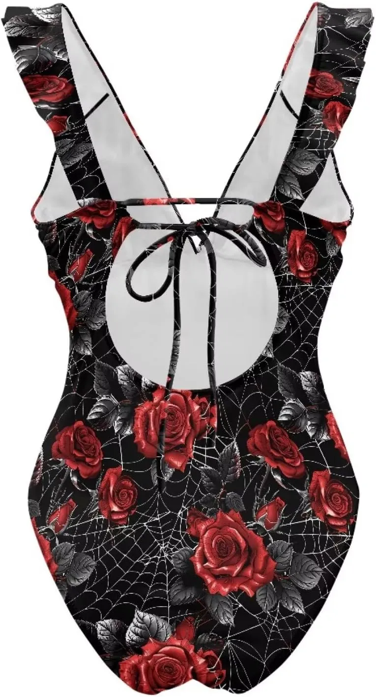 One Piece Bathing Suit for Older Women Tummy Control Ruffled V Neck Swimsuits for Women Flower Butterfly