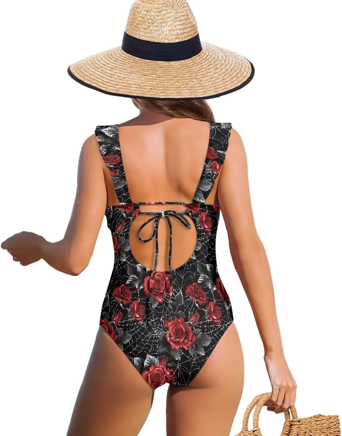 One Piece Bathing Suit for Older Women Tummy Control Ruffled V Neck Swimsuits for Women Flower Butterfly