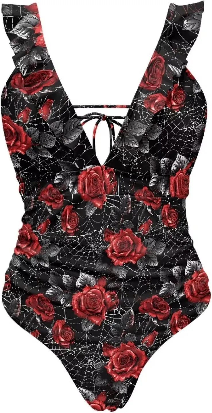 One Piece Bathing Suit for Older Women Tummy Control Ruffled V Neck Swimsuits for Women Flower Butterfly