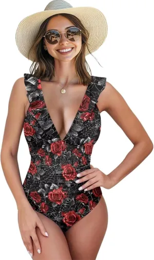 One Piece Bathing Suit for Older Women Tummy Control Ruffled V Neck Swimsuits for Women Flower Butterfly