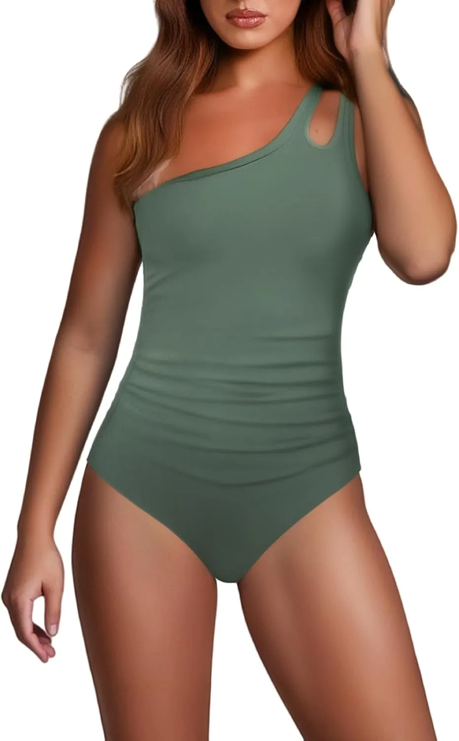One Piece Swimsuit for Women Slim Fit One Shoulder Tummy Control Bathing Suits Solid Color Backless Keyhole Swimwear