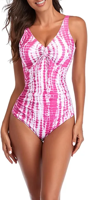 One Piece Swimsuit for Women Tummy Control Bathing Suit Tie Dye Sling Bikini Sexy Backless V-Neck Swimwear