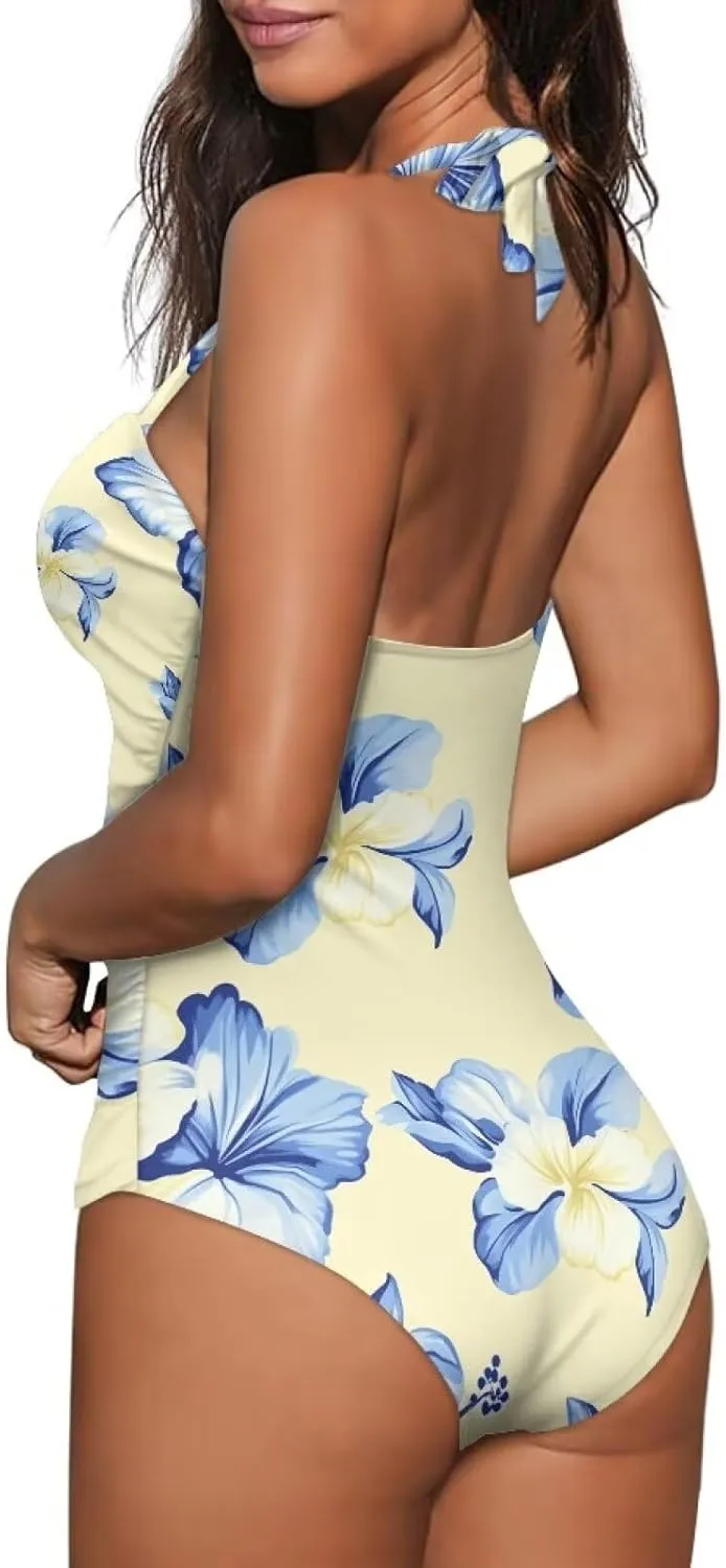 One Piece Swimsuits Beach Bathing Suits Tie Halter Backless Beachwear Tummy Control Swimwear for Women