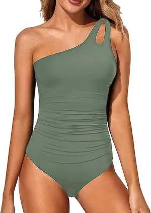 One Shoulder One Piece Swimsuit for Women Tummy Control Bathing Suits Modest Full Coverage Slimming Keyhole Backless Swimwear