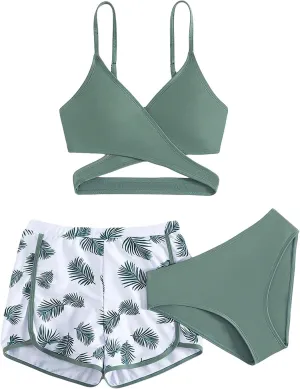 OYOANGLE Girl's 3 Piece Tropical Print Criss Cross Bikini Set Swimsuit Bathing Suit with Shorts
