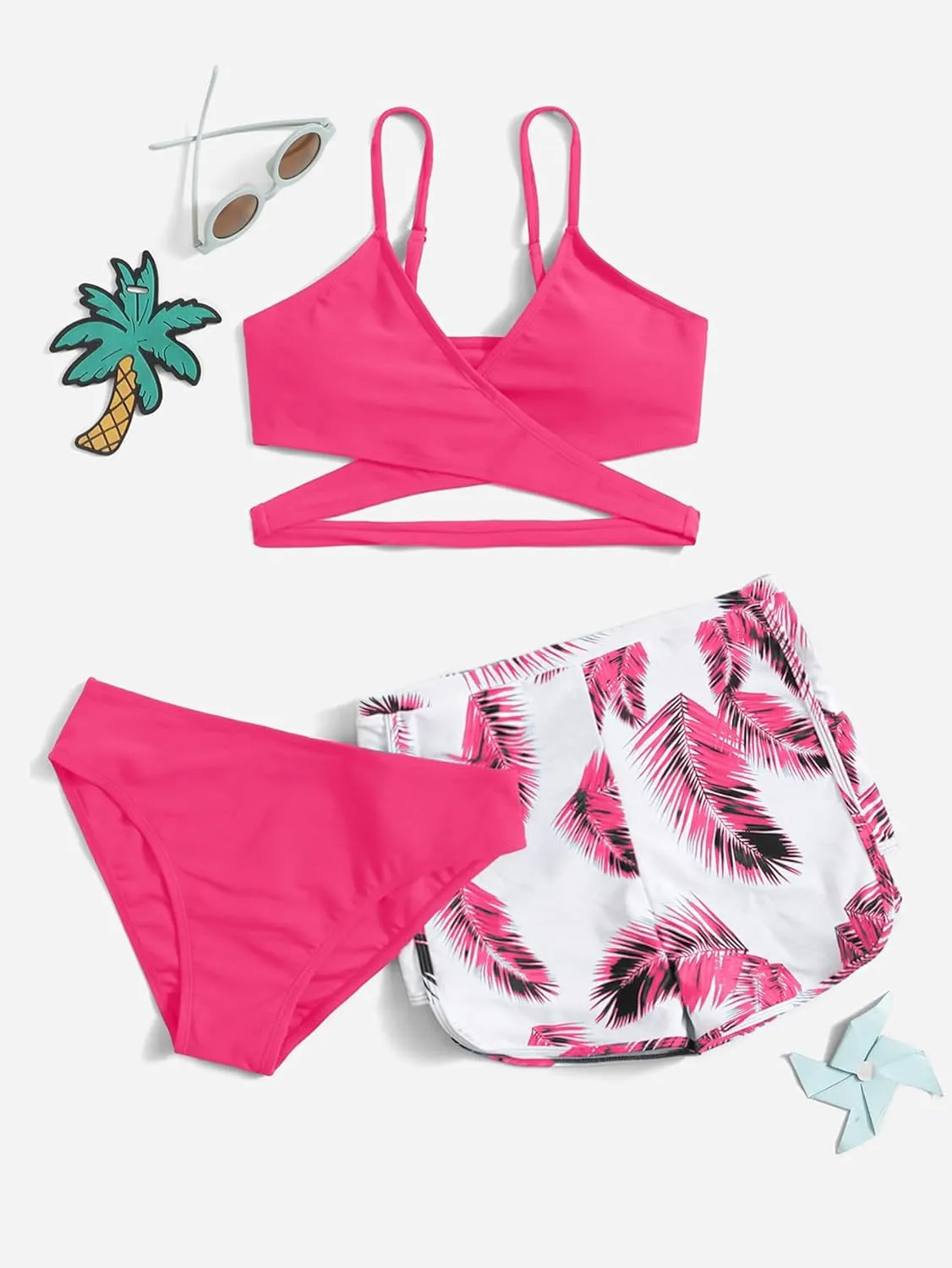 OYOANGLE Girl's 3 Piece Tropical Print Criss Cross Bikini Set Swimsuit Bathing Suit with Shorts