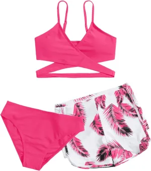 OYOANGLE Girl's 3 Piece Tropical Print Criss Cross Bikini Set Swimsuit Bathing Suit with Shorts