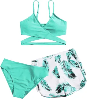 OYOANGLE Girl's 3 Piece Tropical Print Criss Cross Bikini Set Swimsuit Bathing Suit with Shorts