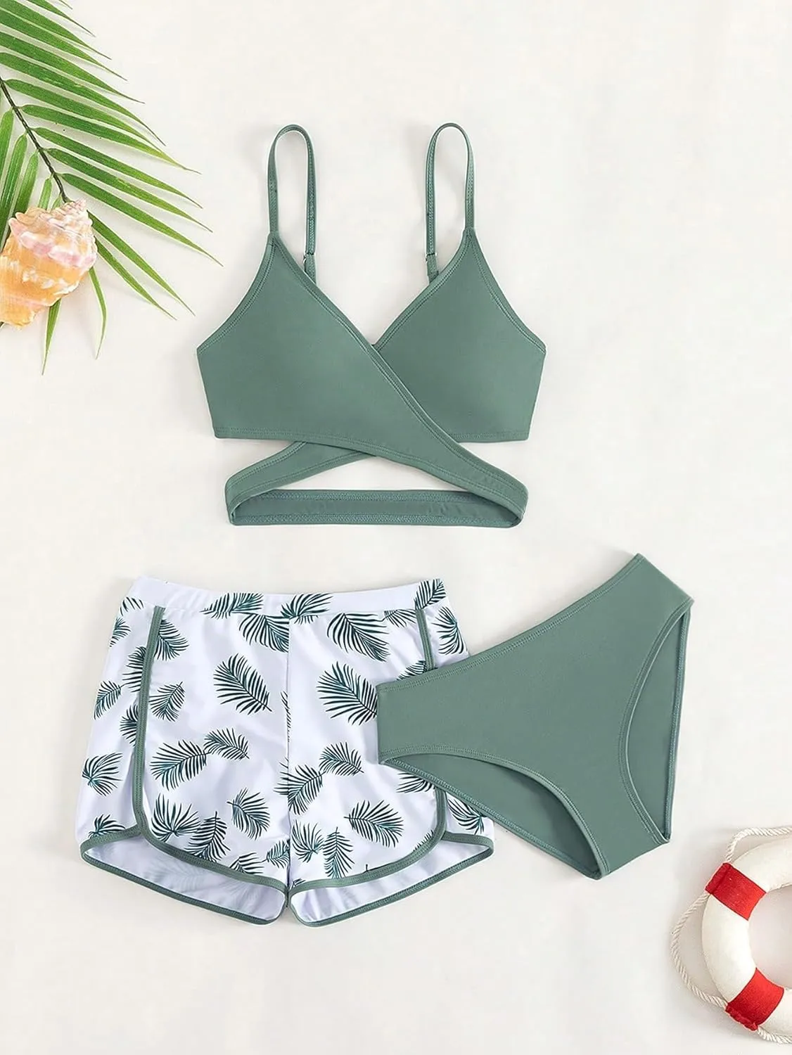OYOANGLE Girl's 3 Piece Tropical Print Criss Cross Bikini Set Swimsuit Bathing Suit with Shorts