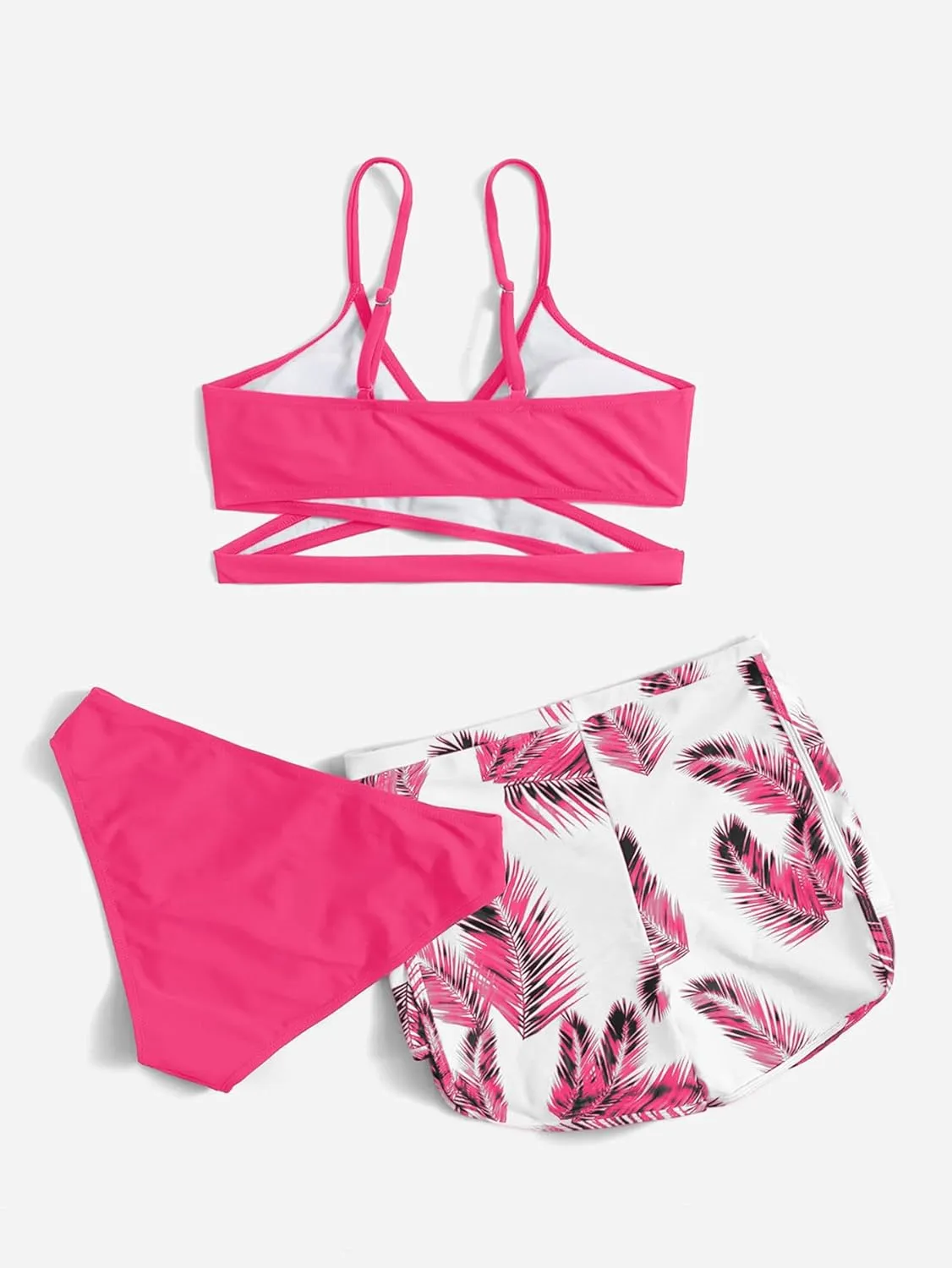 OYOANGLE Girl's 3 Piece Tropical Print Criss Cross Bikini Set Swimsuit Bathing Suit with Shorts