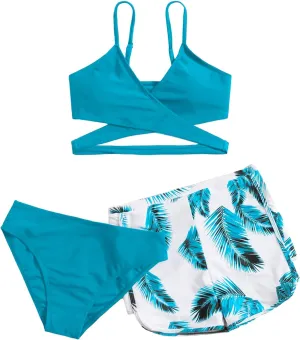 OYOANGLE Girl's 3 Piece Tropical Print Criss Cross Bikini Set Swimsuit Bathing Suit with Shorts