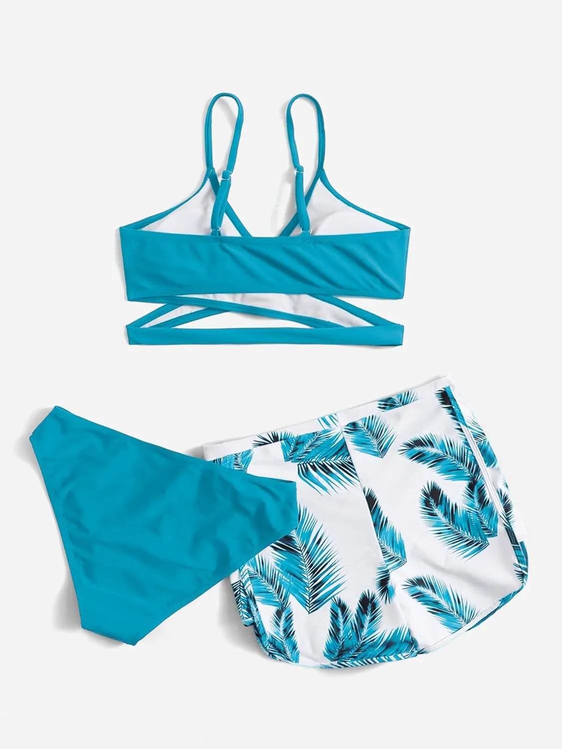 OYOANGLE Girl's 3 Piece Tropical Print Criss Cross Bikini Set Swimsuit Bathing Suit with Shorts