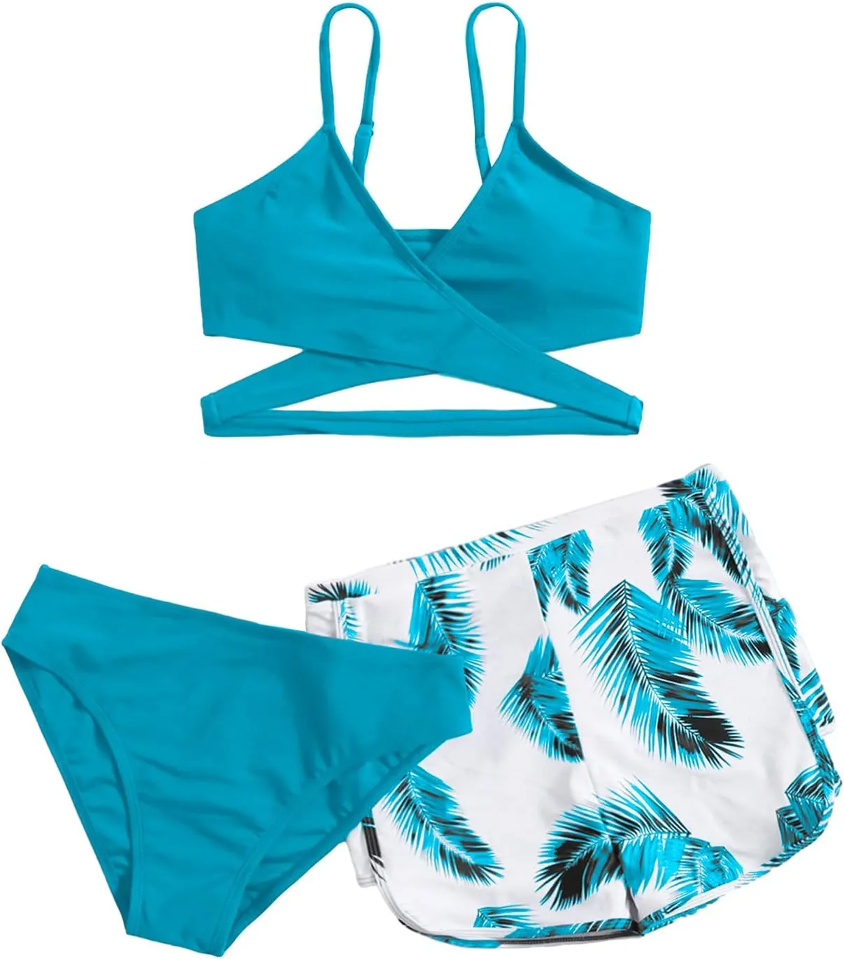 OYOANGLE Girl's 3 Piece Tropical Print Criss Cross Bikini Set Swimsuit Bathing Suit with Shorts