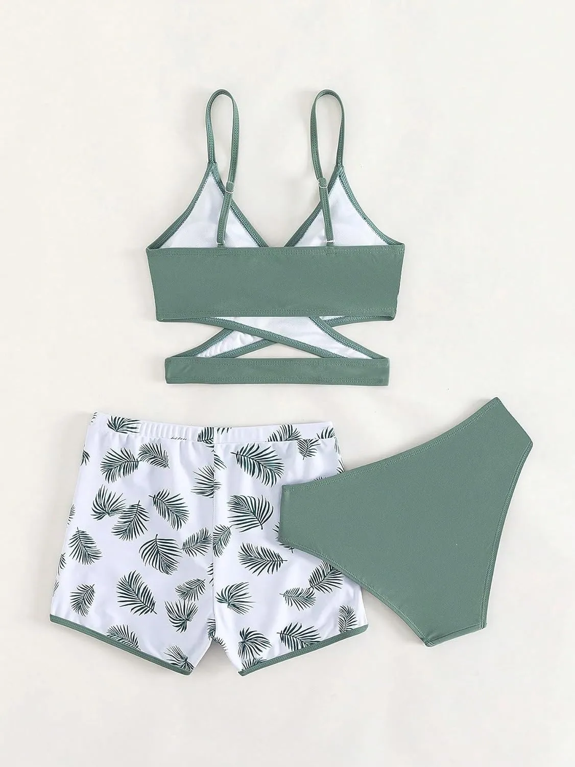 OYOANGLE Girl's 3 Piece Tropical Print Criss Cross Bikini Set Swimsuit Bathing Suit with Shorts
