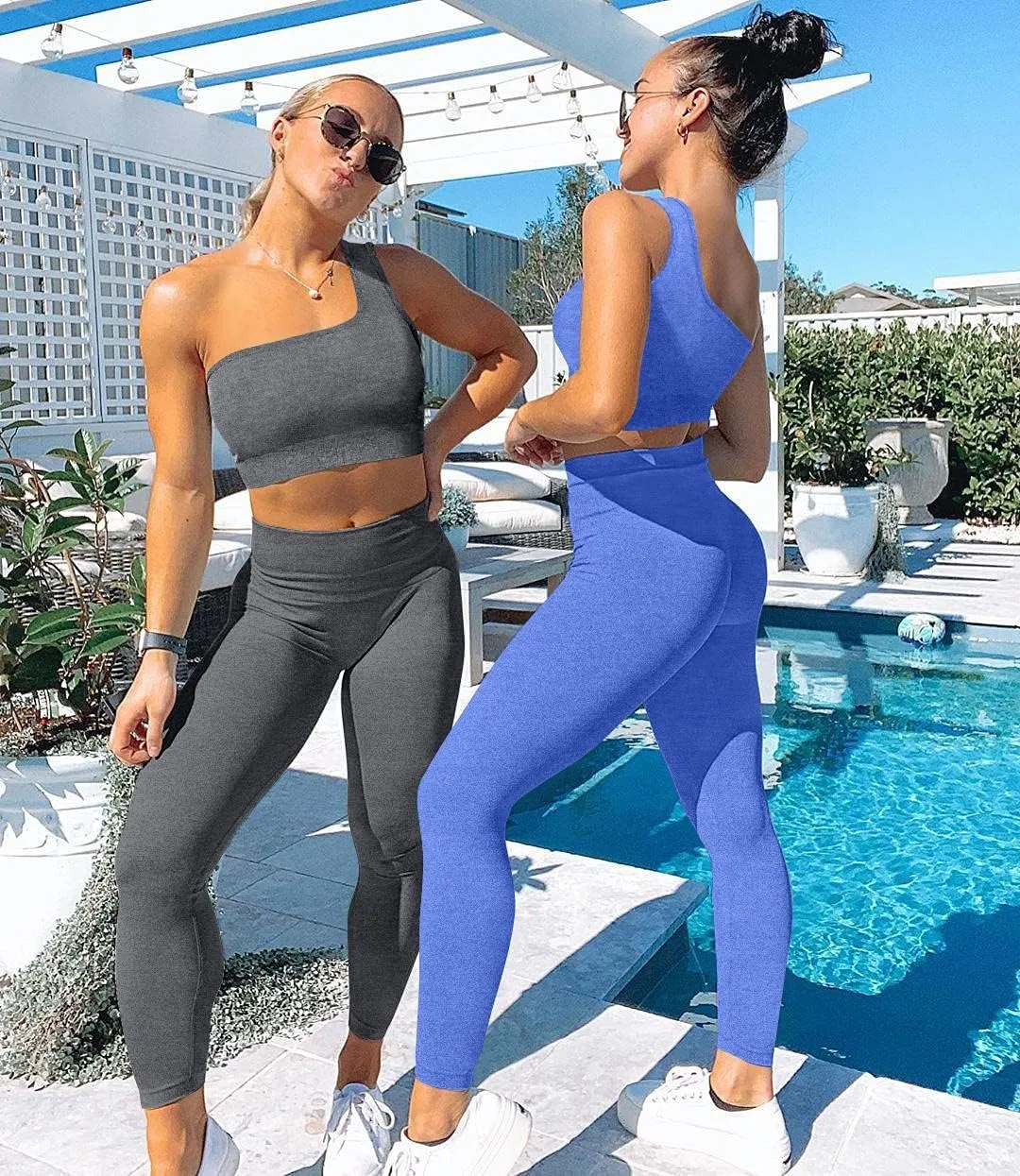 OYS Workout Sets for Women 2 Piece Seamless High Waist Running Leggings Yoga Gym One Shoulder Sports Bra Outfits