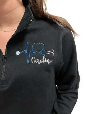 Personalized Nurse Sweatshirt Heartbeat Stethoscope 1/4 zip RN CNA Graduation Gift (XL, Black)