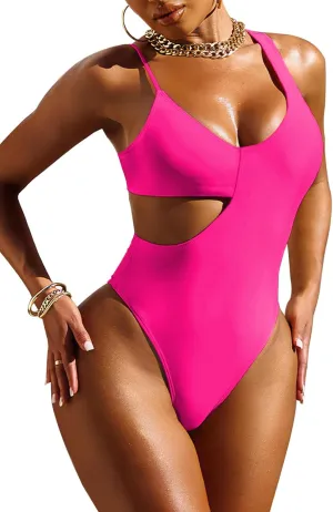 Pink Queen Women's Sexy One Piece Swimsuit Scoop Neck Cutout Waist Tummy Control Bathing Suit Swimwear