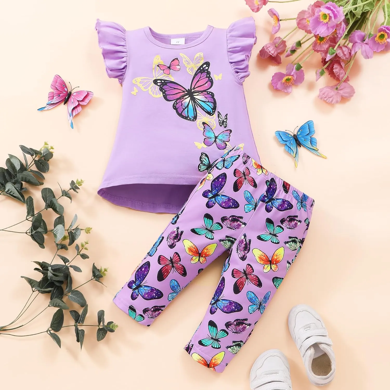 Popshion Little Girls 2 Piece Summer Outfits Flutter Sleeve T-Shirt and Cropped Capri Leggings Kids Clothes Short Sets 2-8t