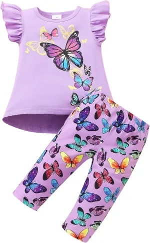 Popshion Little Girls 2 Piece Summer Outfits Flutter Sleeve T-Shirt and Cropped Capri Leggings Kids Clothes Short Sets 2-8t