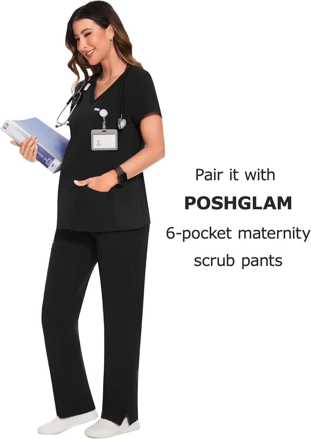 POSHGLAM Women's Maternity Scrubs Top Workwear V-Neck Medical Shirts Pregnancy Scrub Clothes