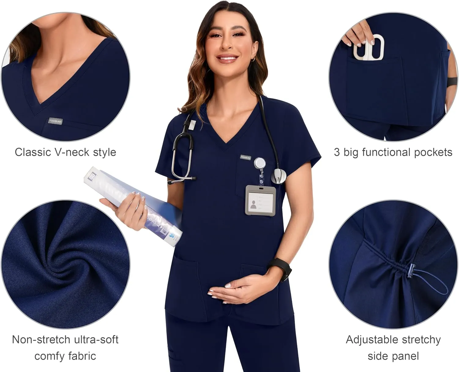 POSHGLAM Women's Maternity Scrubs Top Workwear V-Neck Medical Shirts Pregnancy Scrub Clothes
