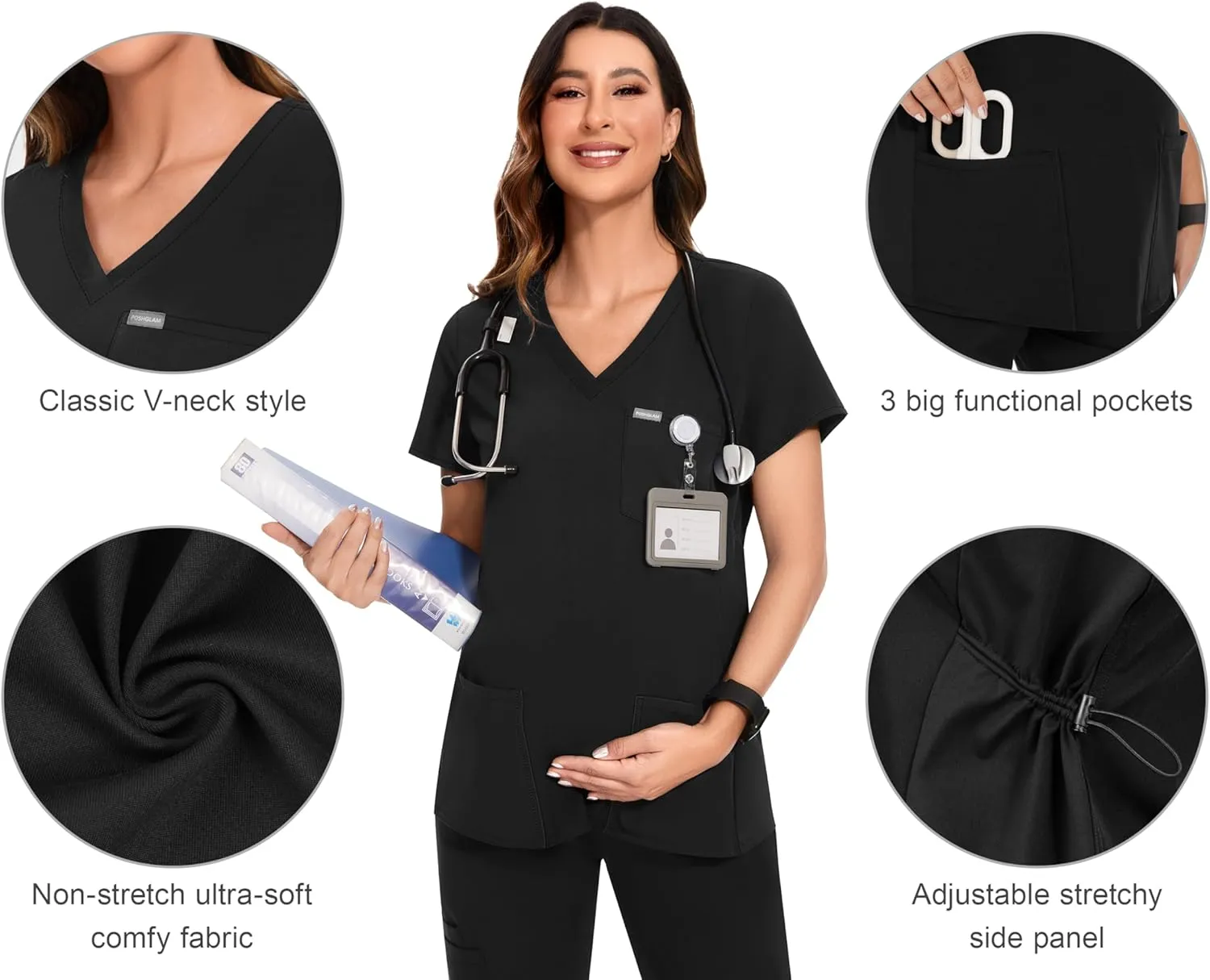 POSHGLAM Women's Maternity Scrubs Top Workwear V-Neck Medical Shirts Pregnancy Scrub Clothes