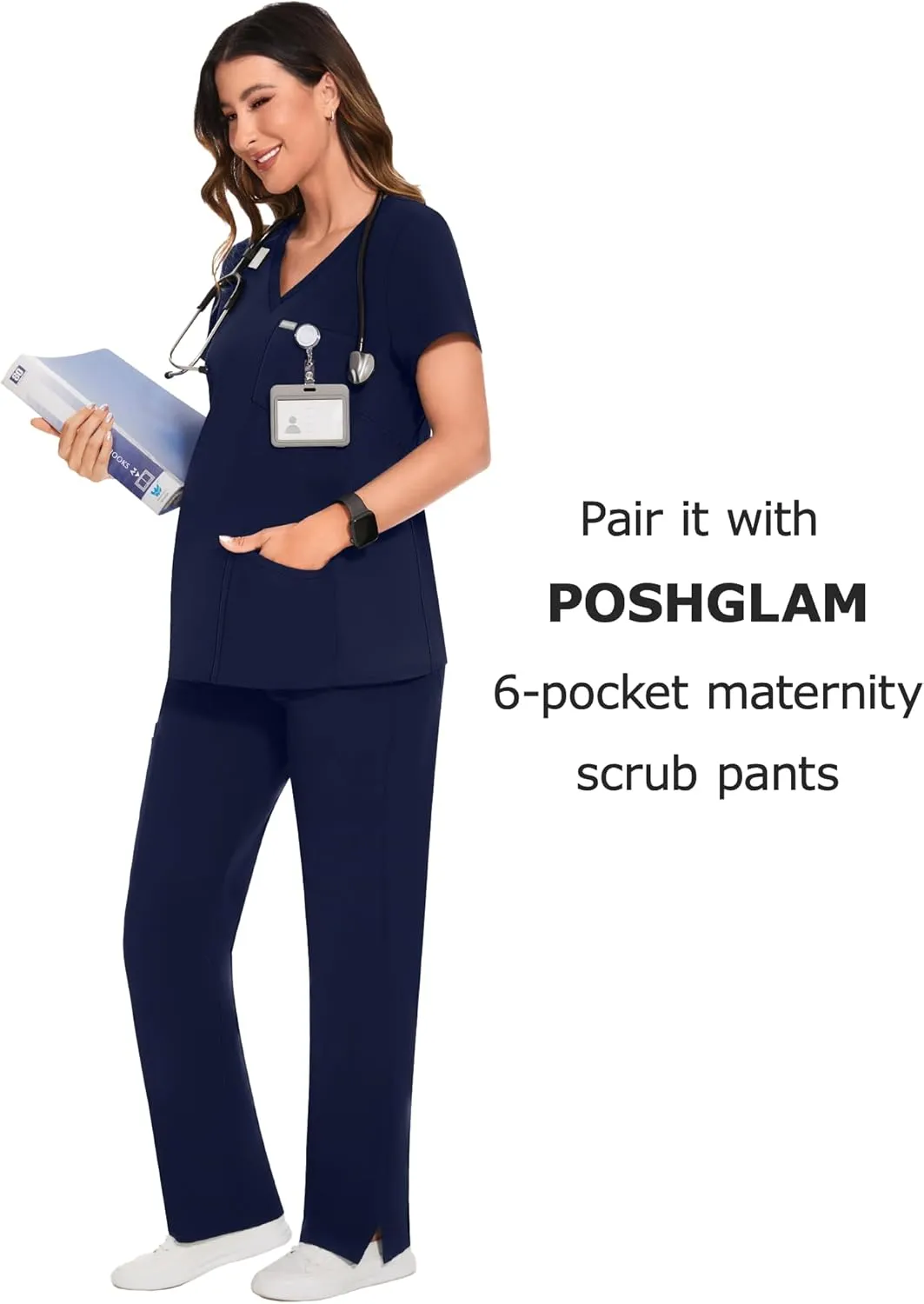 POSHGLAM Women's Maternity Scrubs Top Workwear V-Neck Medical Shirts Pregnancy Scrub Clothes