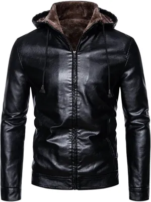 Pu Leather Jacket for Mens Fleece Sherpa Lined Heavyweight Vintage Stand Collar Zip Up Motorcycle Jacket Bomber Jacket