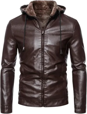 Pu Leather Jacket for Mens Fleece Sherpa Lined Heavyweight Vintage Stand Collar Zip Up Motorcycle Jacket Bomber Jacket