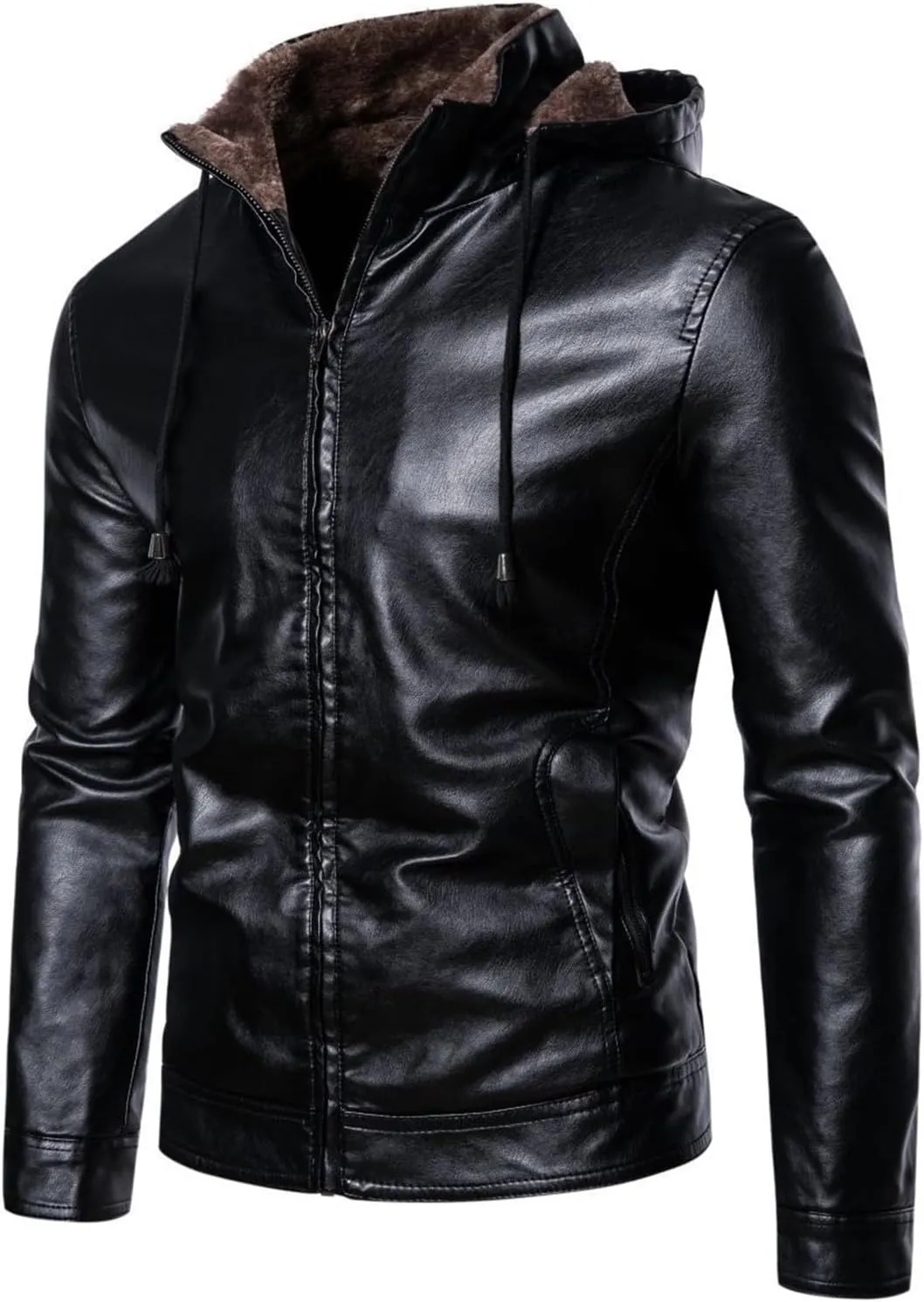 Pu Leather Jacket for Mens Fleece Sherpa Lined Heavyweight Vintage Stand Collar Zip Up Motorcycle Jacket Bomber Jacket