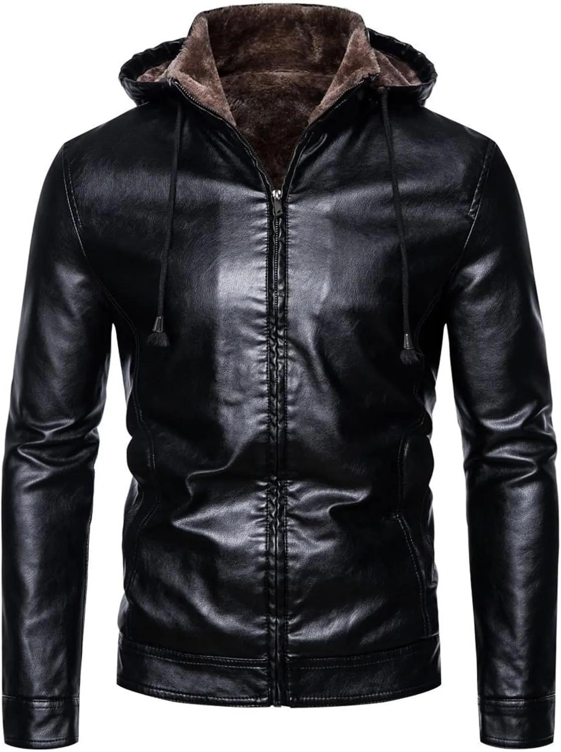 Pu Leather Jacket for Mens Fleece Sherpa Lined Heavyweight Vintage Stand Collar Zip Up Motorcycle Jacket Bomber Jacket