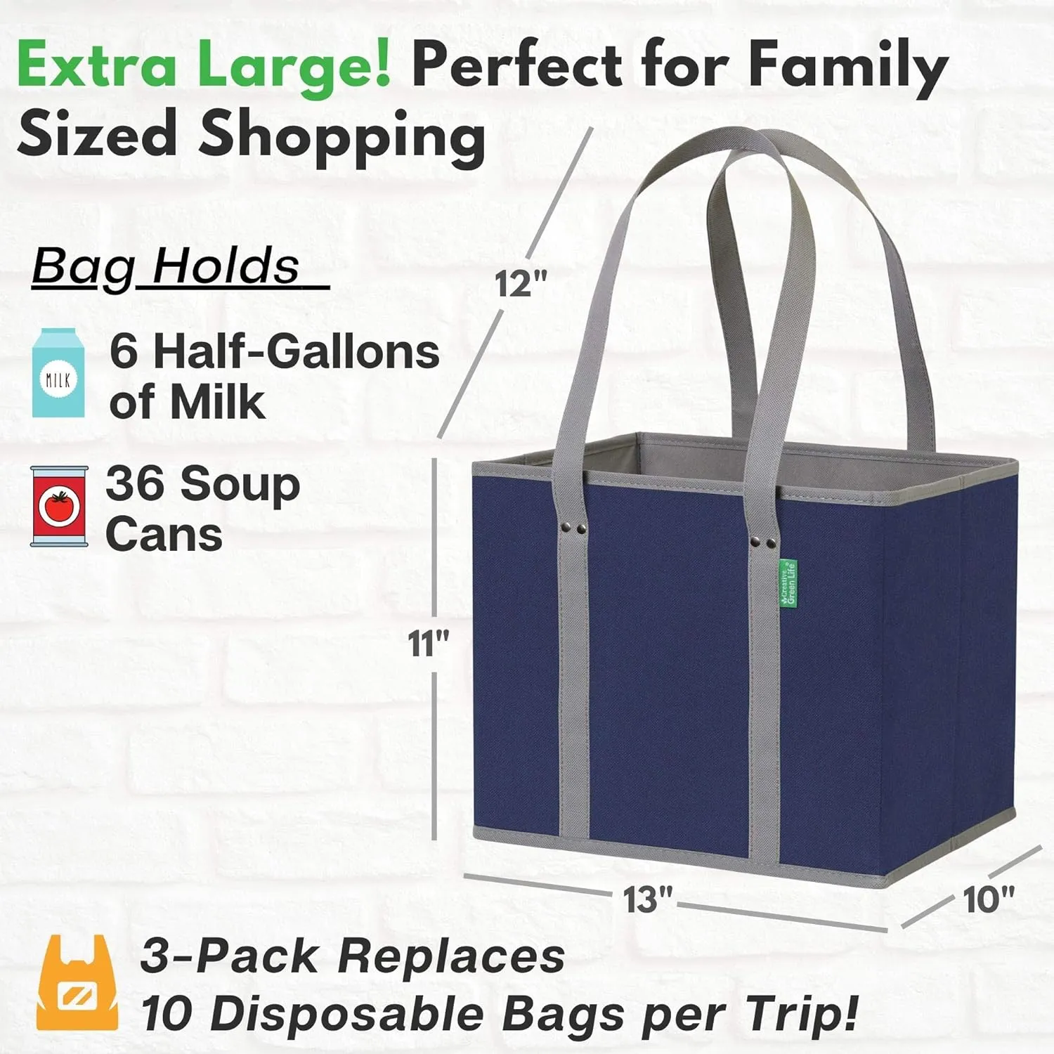 Reusable Grocery Bags (3 Pack) – Heavy Duty Reusable Shopping Bags with Box Shape to Stand Up, Stay Open, Fold Flat – Large Tote Bags are Foldable with Long Handles & Hard Bottom (Navy Blue)