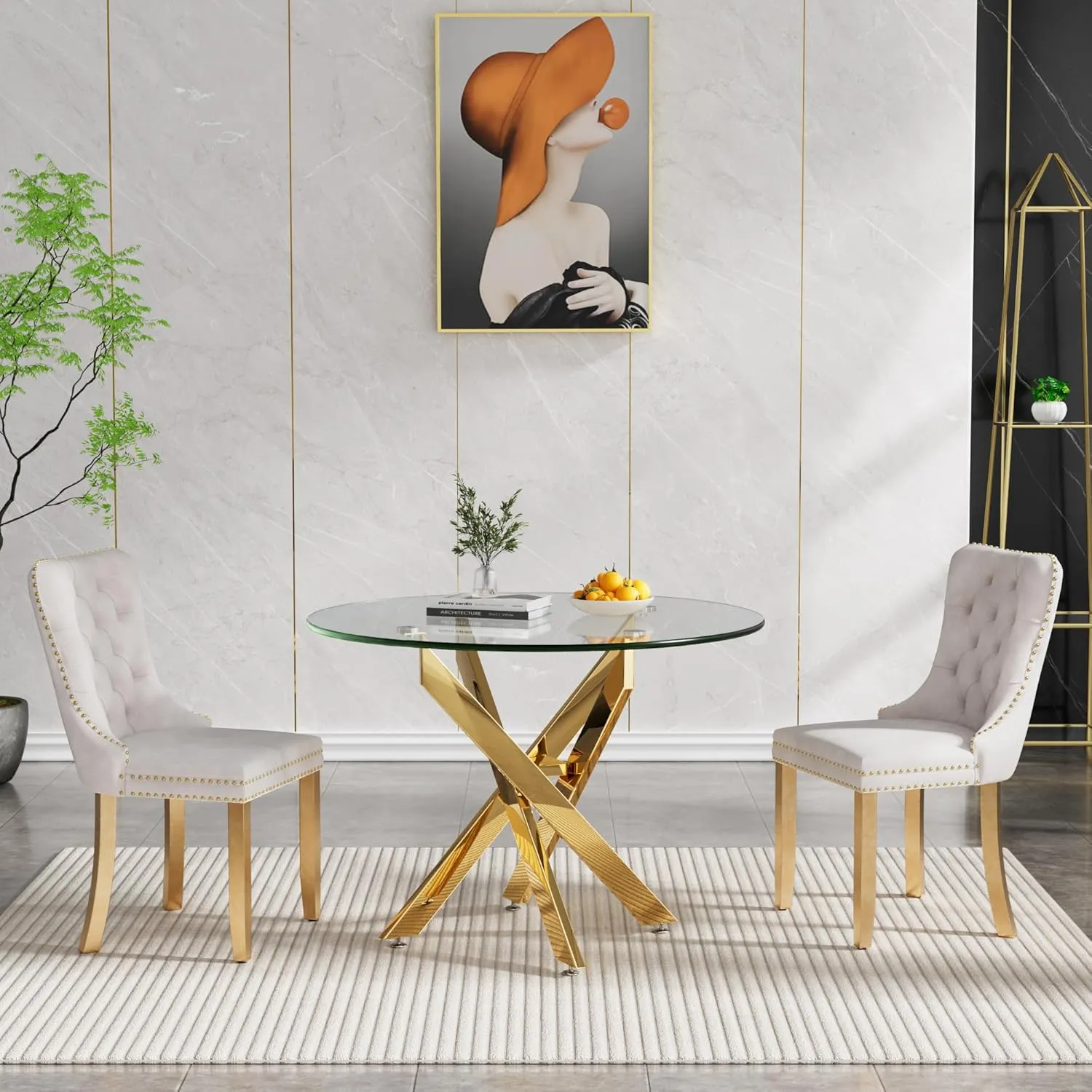 Round Glass Dining Table, Tempered Glass Tabletop and Metal Legs, Modern Style Glass Kitchen Table for Home, Kitchen, Dining Room (Gold, 36'' Round Table with 4 Legs)