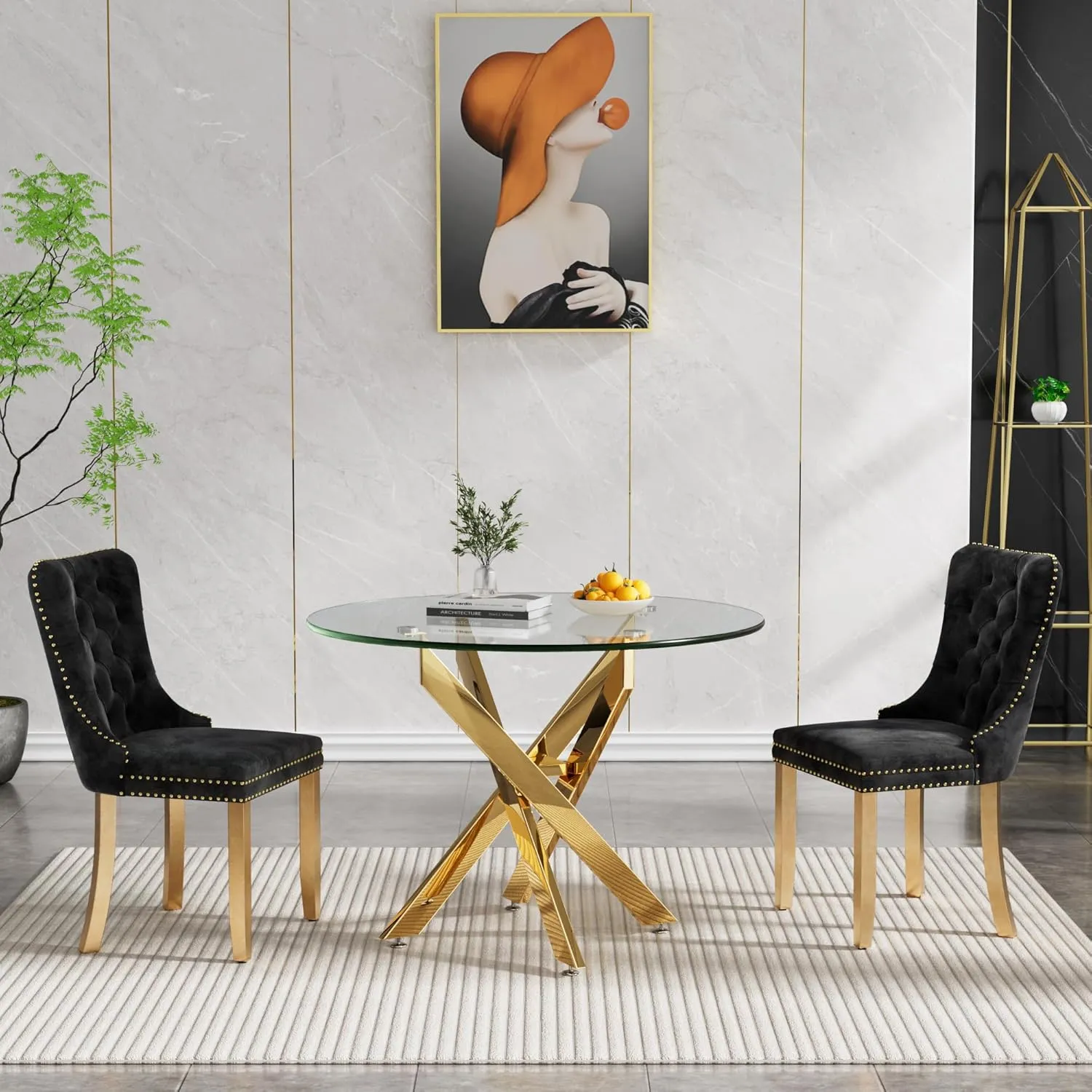 Round Glass Dining Table, Tempered Glass Tabletop and Metal Legs, Modern Style Glass Kitchen Table for Home, Kitchen, Dining Room (Gold, 36'' Round Table with 4 Legs)